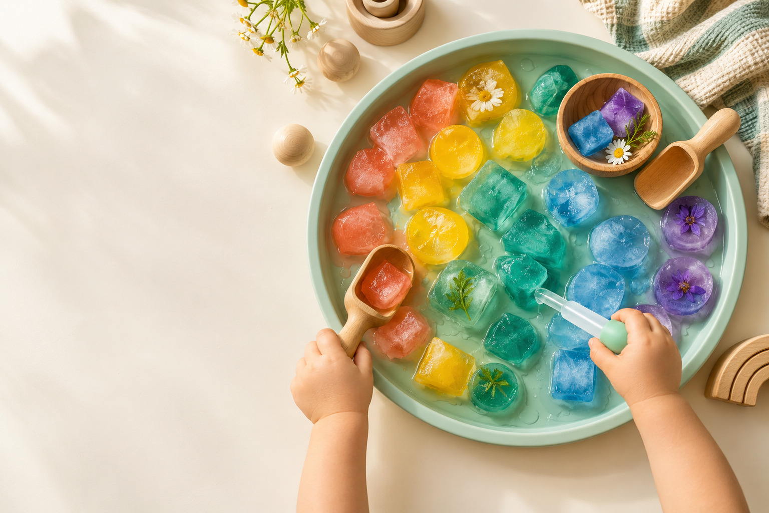 Toddler hands exploring colourful ice shapes in a sensory play tray